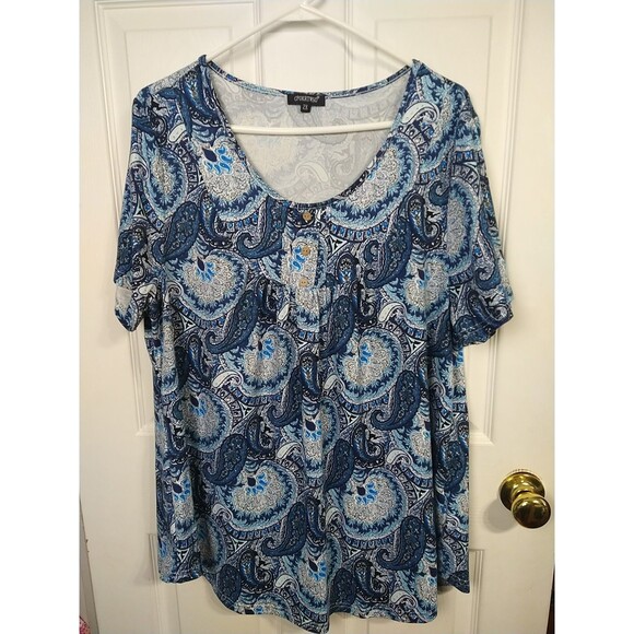 CPOKRTWSO Woman 2X Blouse Blue Paisley Soft S/S Relaxed Fit - Picture 1 of 9